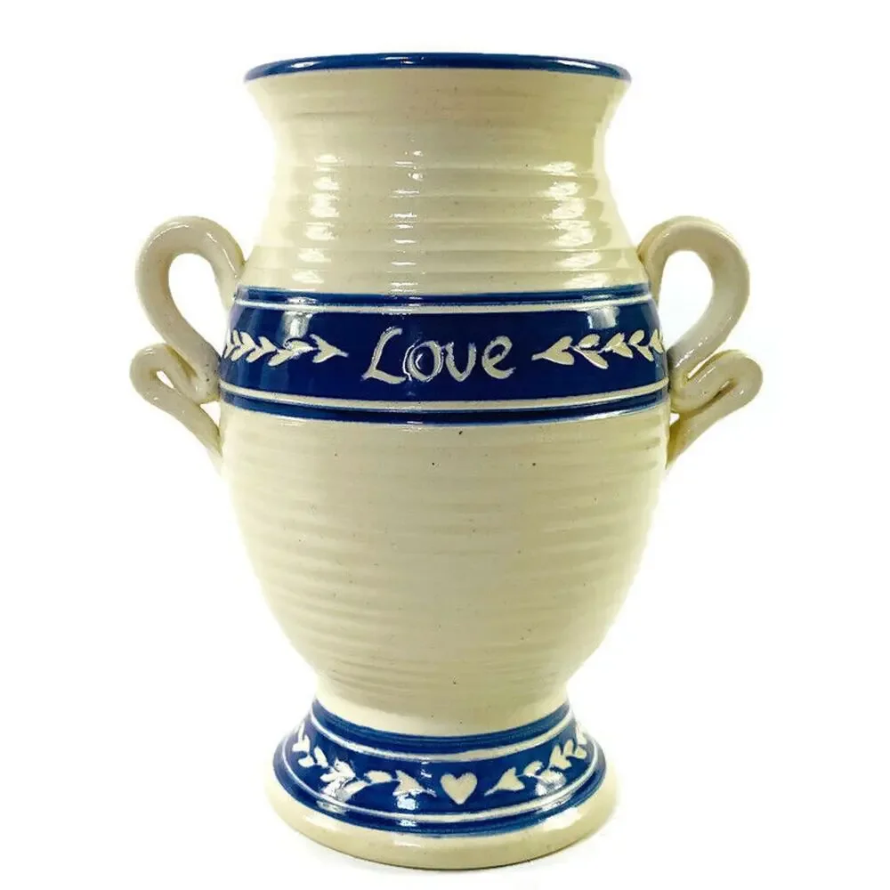 Graystone Pottery Handmade Artisan Vase Love Hearts Handles Beige and Blue 8.5